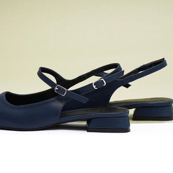 C.Paravano Navy Leather Square Toe Slingback Flats - Picture 3 of 9